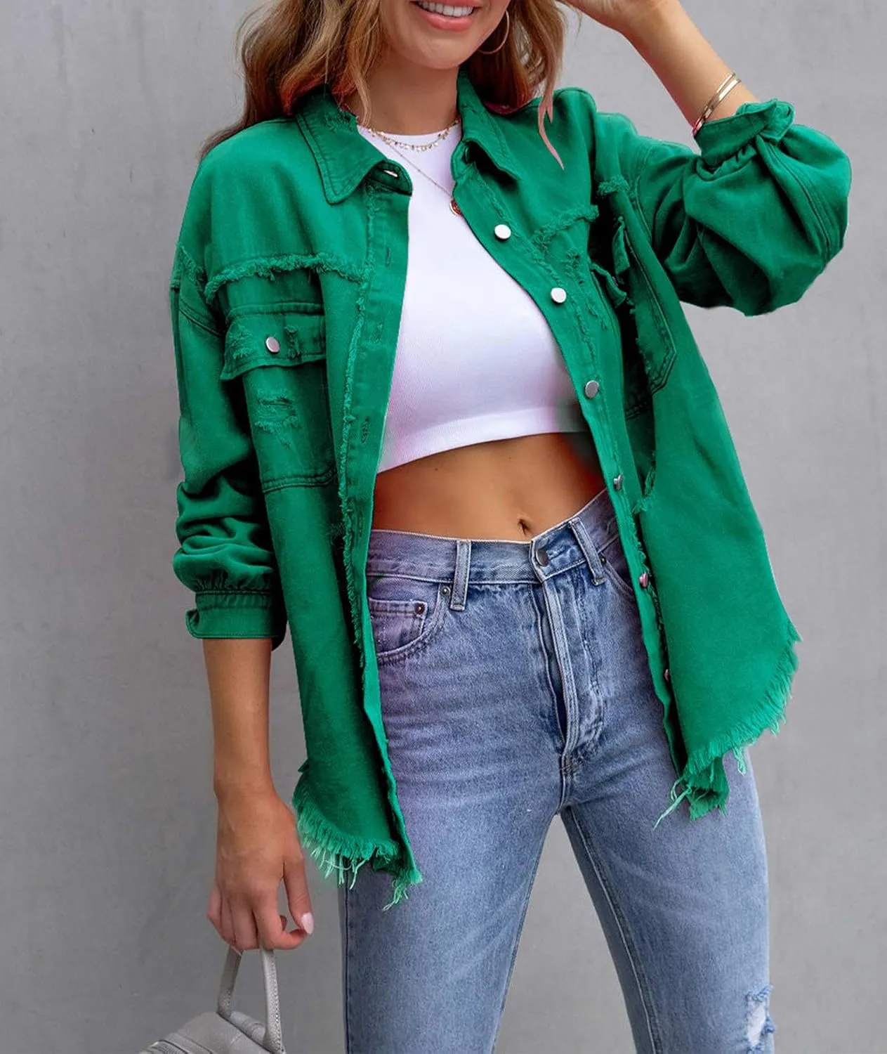 SOMTHRON Women's Oversized Denim Jacket Frayed Hem Button Up Jean Shirt Shacket Ripped Distressed Boyfriend Coat
