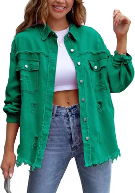 SOMTHRON Women's Oversized Denim Jacket Frayed Hem Button Up Jean Shirt Shacket Ripped Distressed Boyfriend Coat