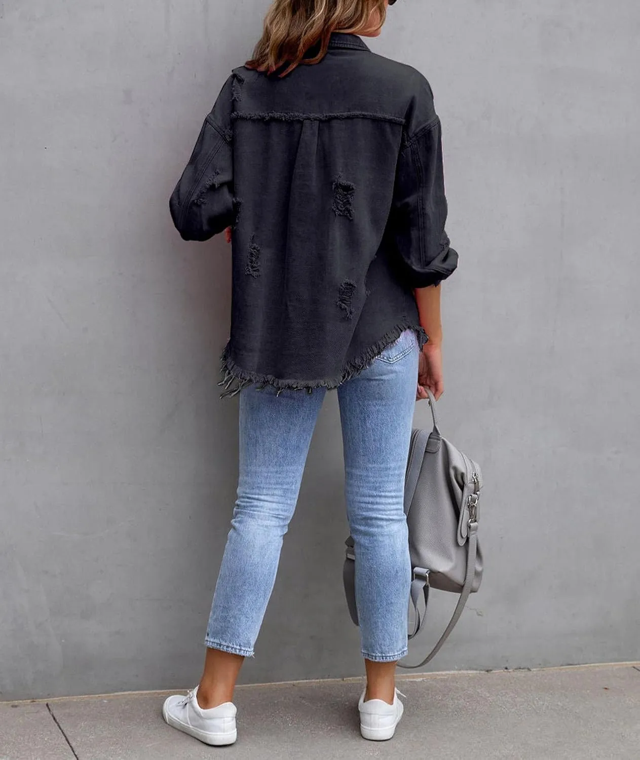 SOMTHRON Women's Oversized Denim Jacket Frayed Hem Button Up Jean Shirt Shacket Ripped Distressed Boyfriend Coat