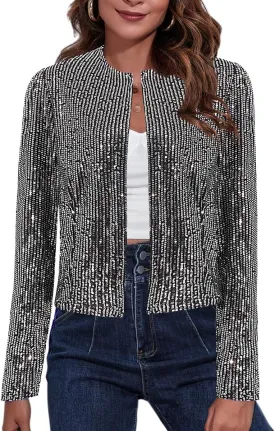 TYNORA Womens Sequin Jackets Long Sleeve Open Front Coat Glitter Short Blazer Casual Coat Party Club
