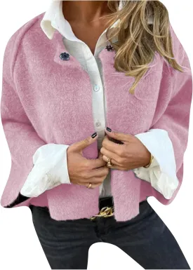 TYQQU Women's Wool Blend Cropped Coats Button Casual Bomber Jacket Fashion Batwing Sleeve Jacket