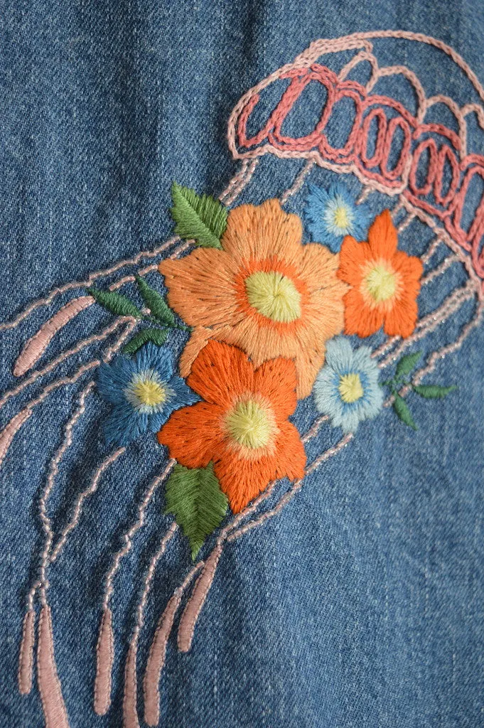 Up-cycled Hand Embroidered Jellyfish Denim Jacket | M