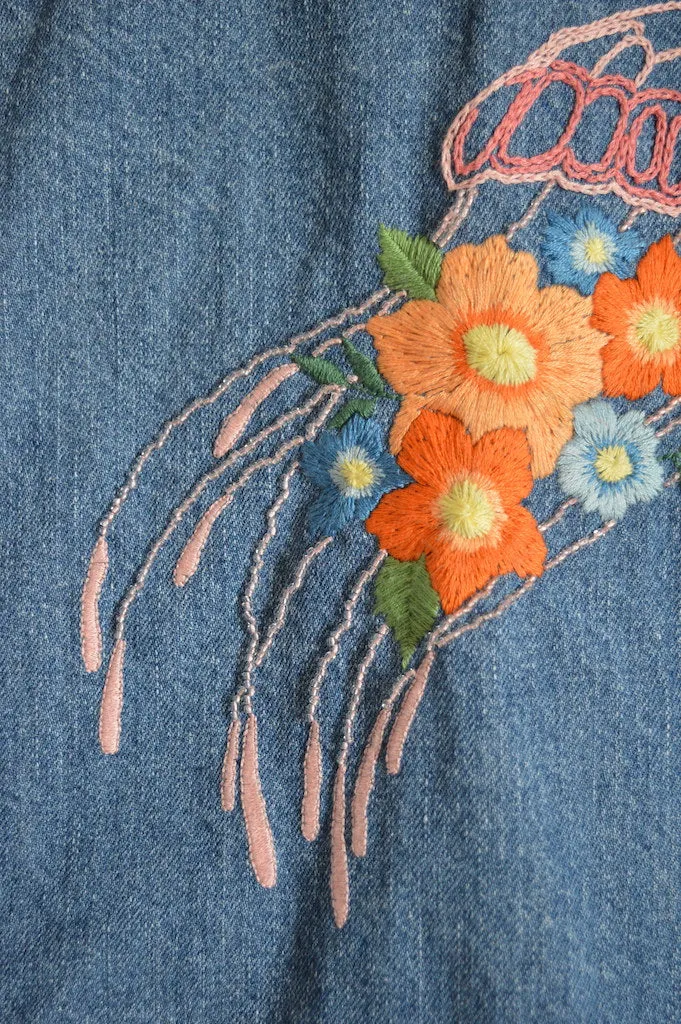 Up-cycled Hand Embroidered Jellyfish Denim Jacket | M