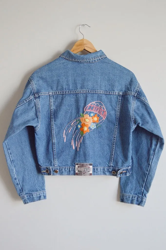 Up-cycled Hand Embroidered Jellyfish Denim Jacket | M