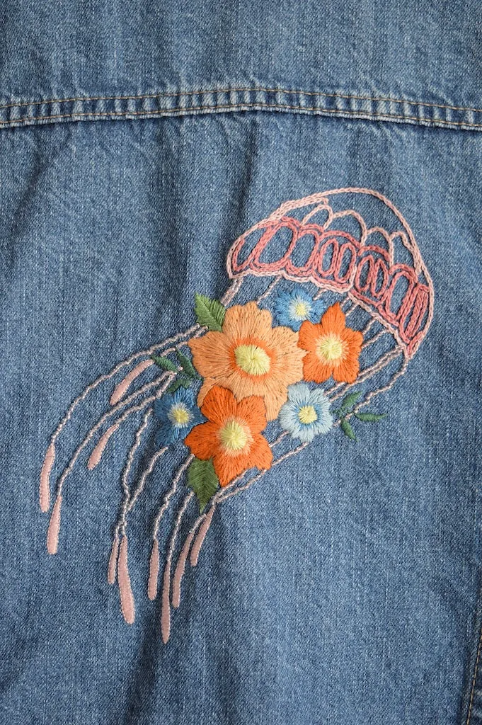 Up-cycled Hand Embroidered Jellyfish Denim Jacket | M