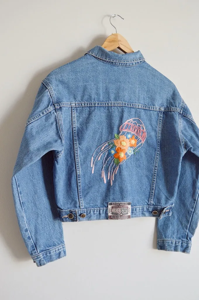 Up-cycled Hand Embroidered Jellyfish Denim Jacket | M