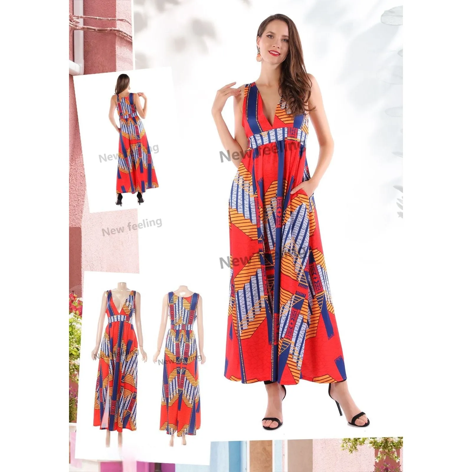 V Neck Short Ruffles Sleeve Long Swing A Line Dress.