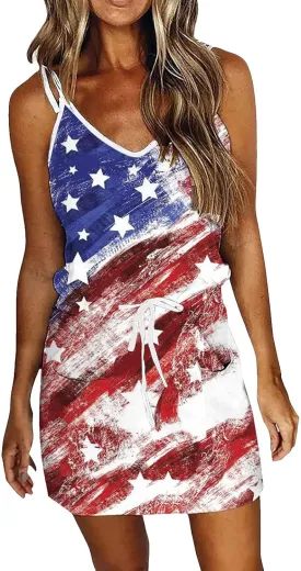 Women 4th of July Flag Tank Dress Summer Casual Striped Patriotic Dress Sleeveless Drawstring Waist Sundress