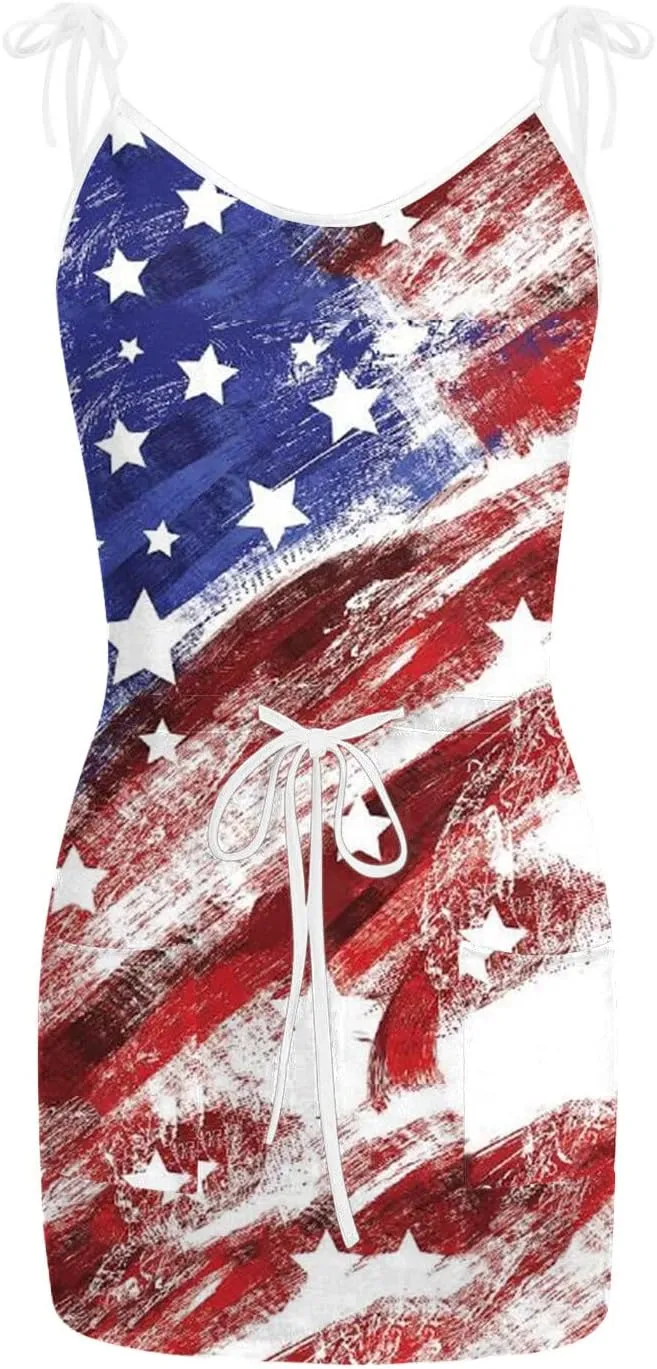 Women 4th of July Flag Tank Dress Summer Casual Striped Patriotic Dress Sleeveless Drawstring Waist Sundress