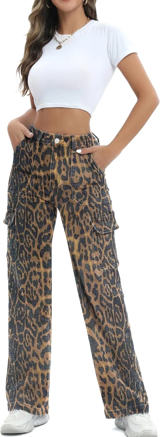 Women Cargo Jeans High Waist Y2K Straight Leg Trendy Stretchy Lightweight Jeans for Women