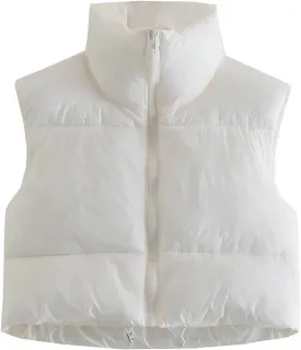 Women Cropped Puffer Vest Padded Down Jacket Stand Up Collar Coat Short Coat Jacket Winter Vest Outerwear with Pockets