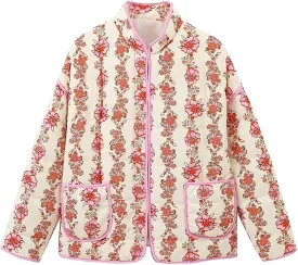 Women Floral Quilted Puffer Jacket Cropped Lightweight Patchwork Vintage Padded Short Coat Outerwear O Collar Jackets