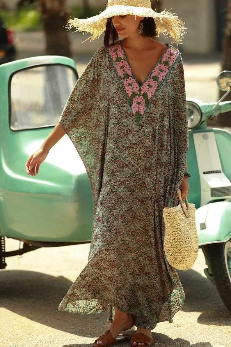 Women Long Tunic Dress Kaftan Maxi Dress Batwing 3/4 Sleeve Plus Size Summer Dress