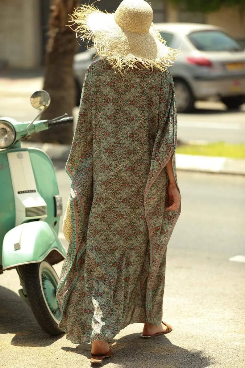 Women Long Tunic Dress Kaftan Maxi Dress Batwing 3/4 Sleeve Plus Size Summer Dress