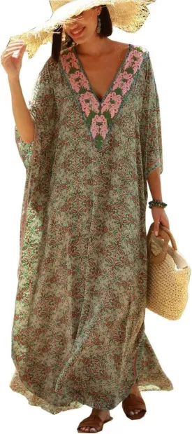 Women Long Tunic Dress Kaftan Maxi Dress Batwing 3/4 Sleeve Plus Size Summer Dress