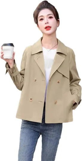 Women With Lined Short Outerwear Solid Double Breasted Trench Coat Spliced Casual Daily Jacket