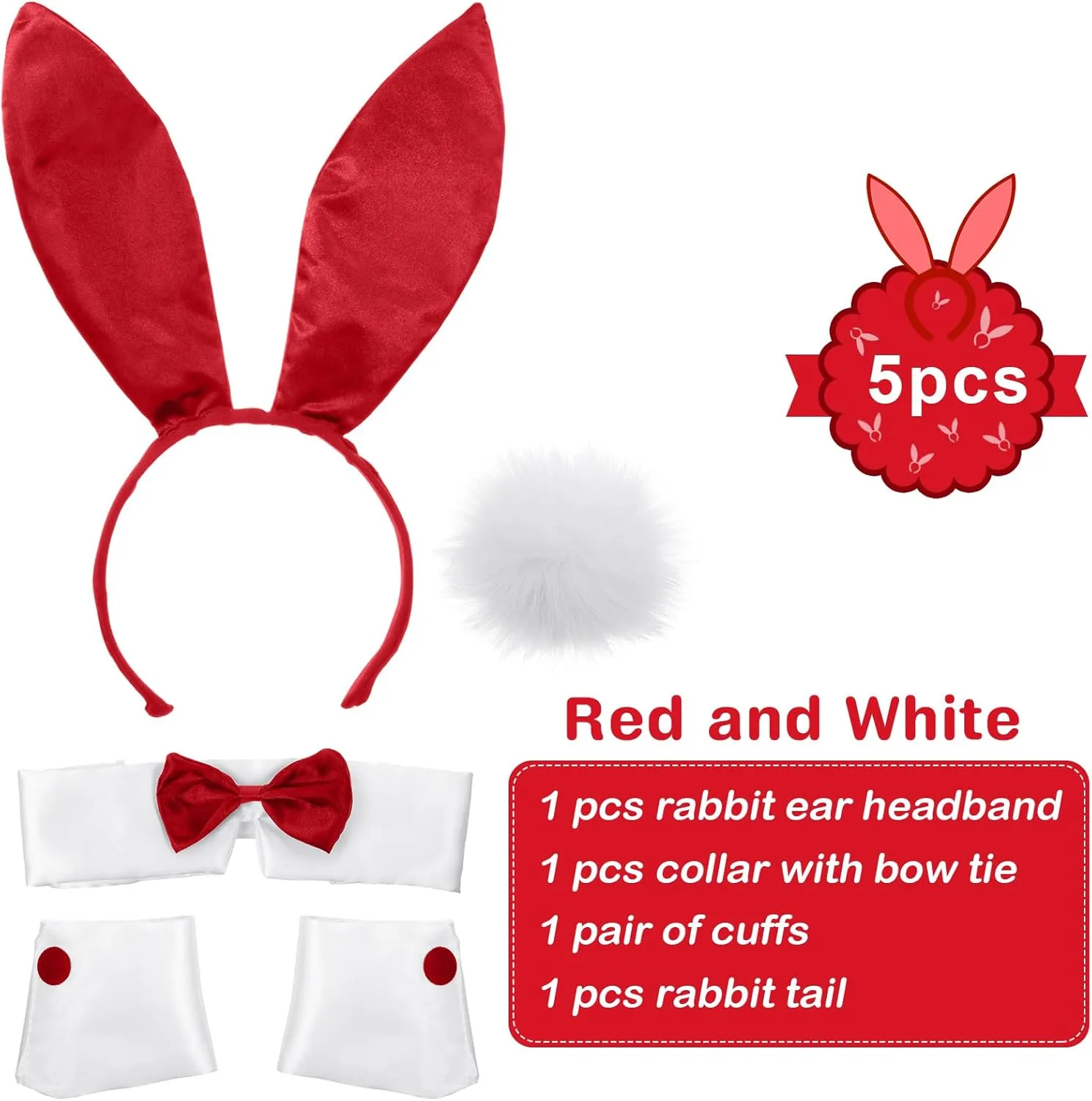 Women's Bunny Costume Set Rabbit Ear Headband Collar Bow Tie Costume Cuffs Rabbit Tail for Easter Party