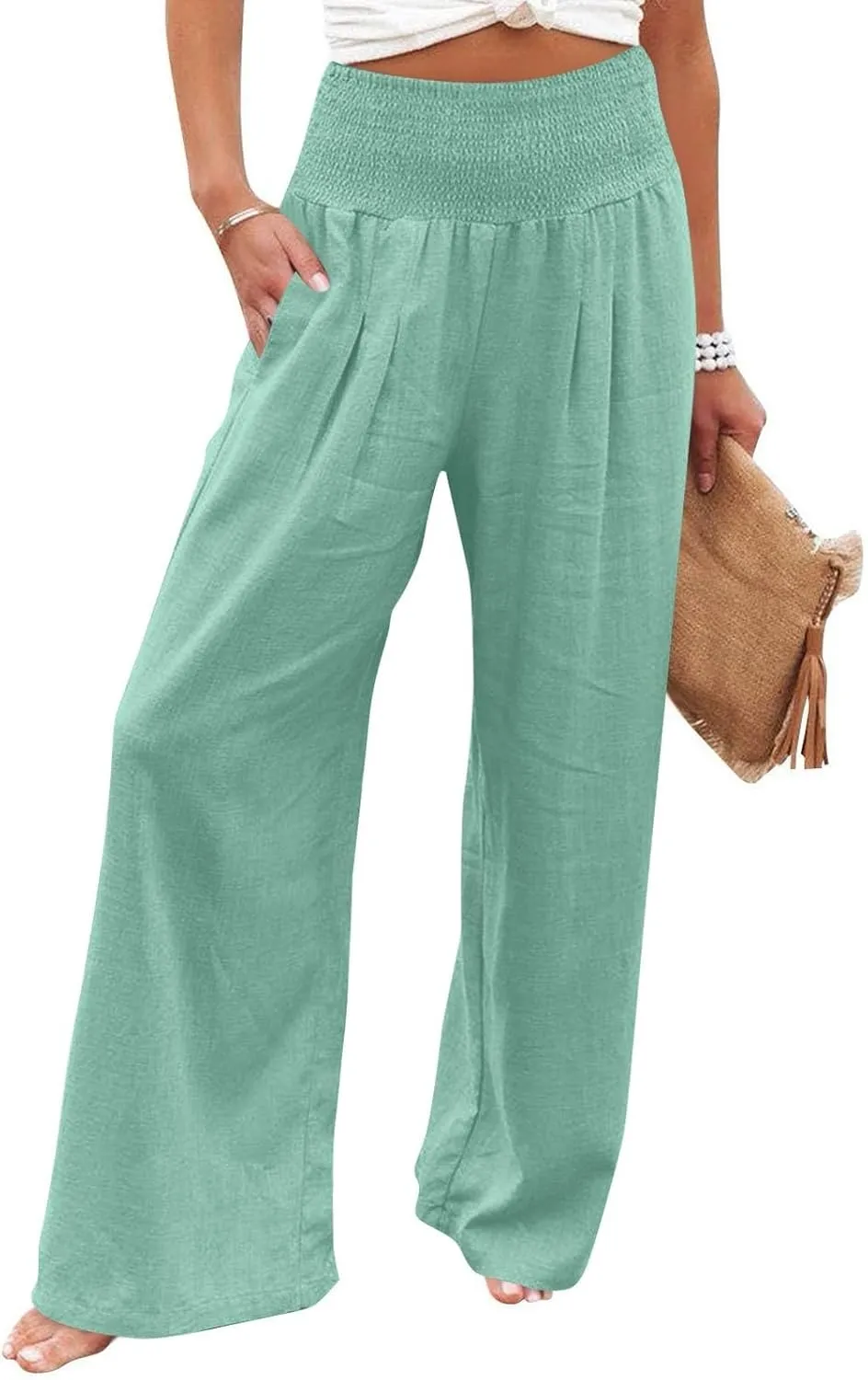 Women's Casual Straight Leg Solid Color High Waist Pocket Dressy Loose Fit Fashion Pants