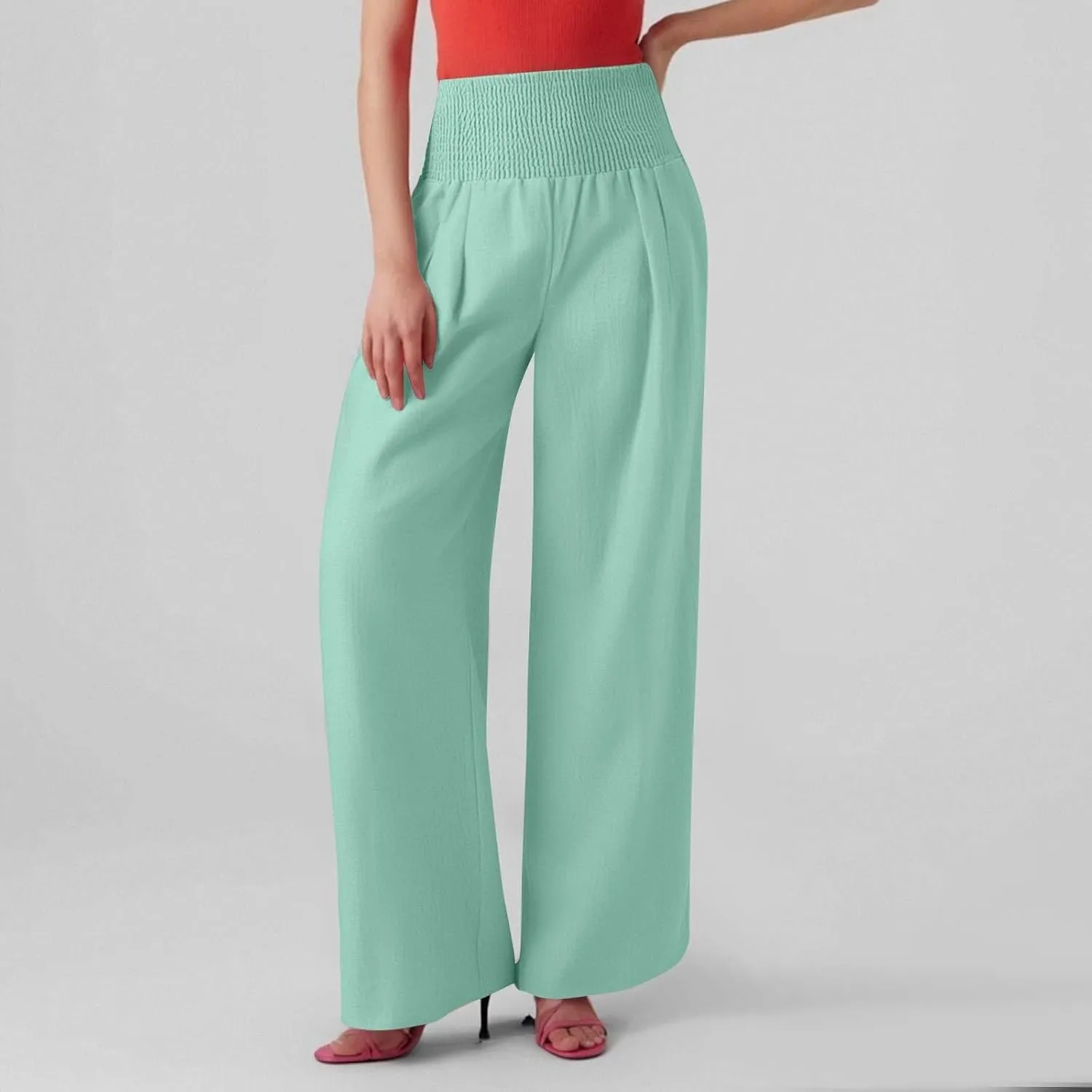 Women's Casual Straight Leg Solid Color High Waist Pocket Dressy Loose Fit Fashion Pants