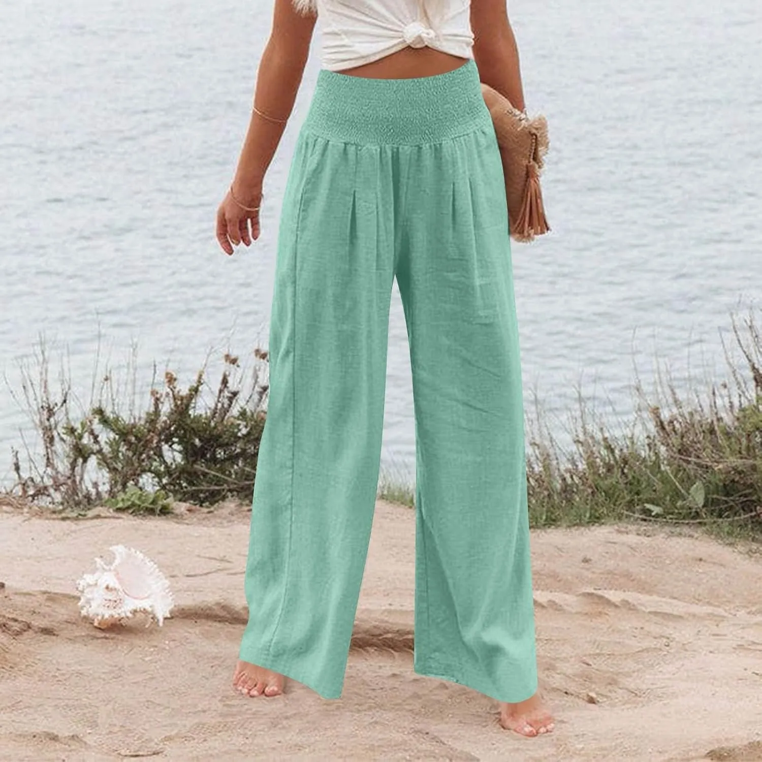 Women's Casual Straight Leg Solid Color High Waist Pocket Dressy Loose Fit Fashion Pants