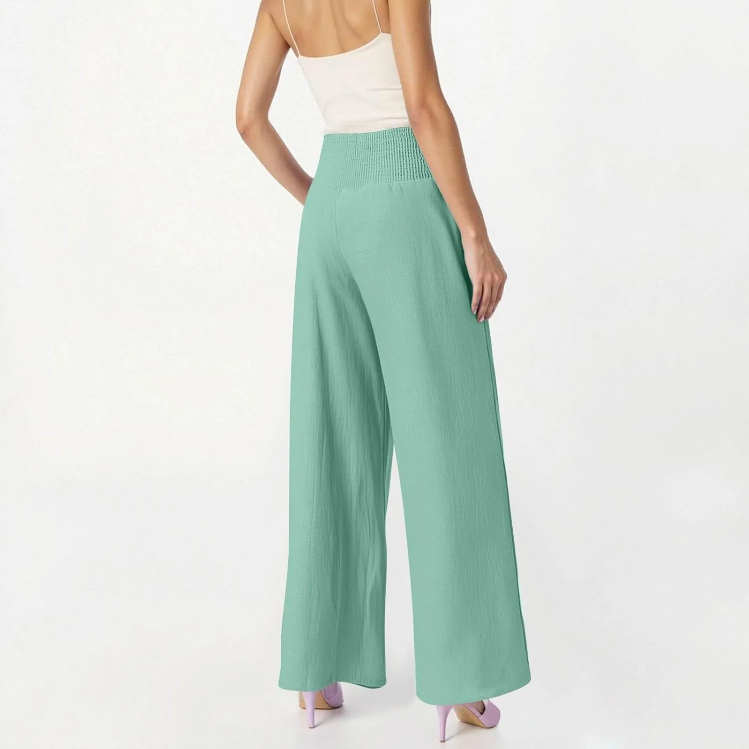 Women's Casual Straight Leg Solid Color High Waist Pocket Dressy Loose Fit Fashion Pants