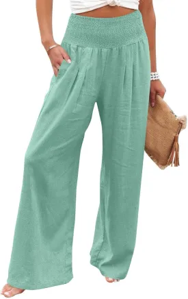 Women's Casual Straight Leg Solid Color High Waist Pocket Dressy Loose Fit Fashion Pants