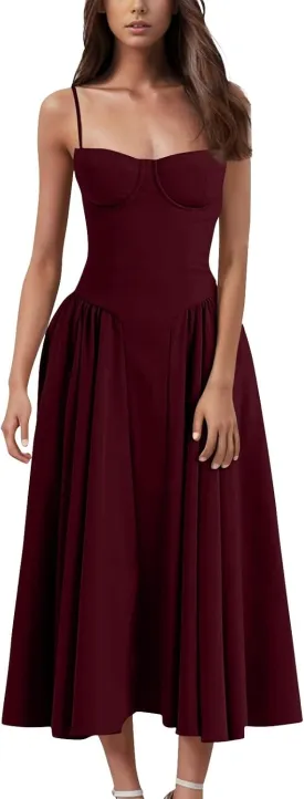 Womens Corset Dress Spaghetti Strap Bustier Midi Dresses Vintage Party Dress Flowy Pleated Hem Low Cut Prom Dresses