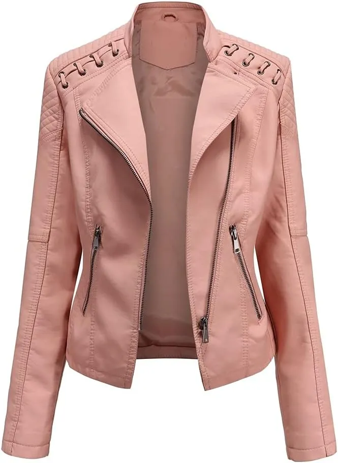 Women's Faux Leather Jackets Motorcycle Plus Size Moto Biker Coat Short Outwear