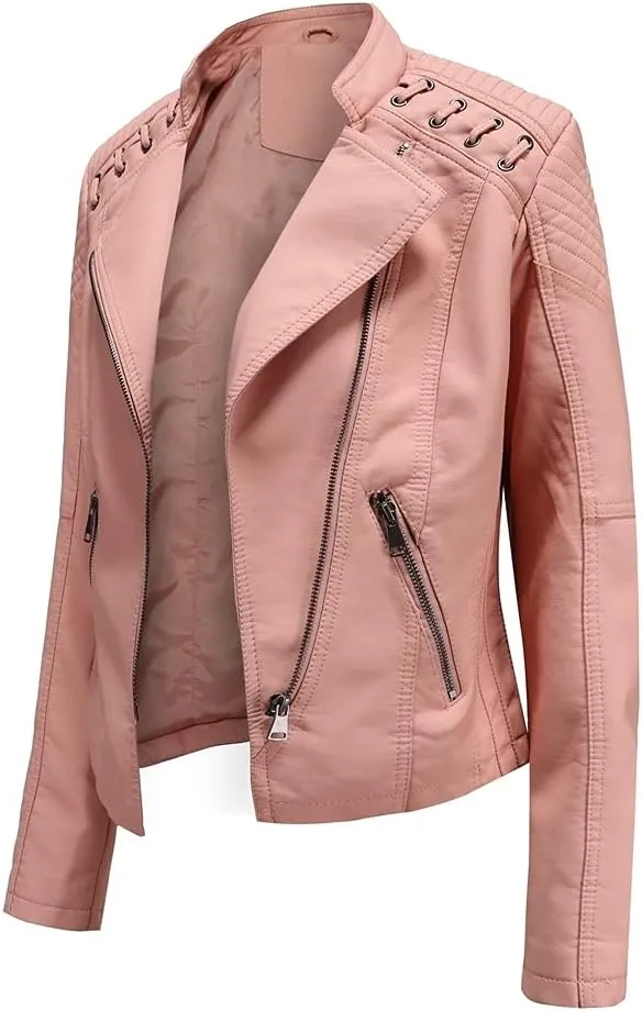 Women's Faux Leather Jackets Motorcycle Plus Size Moto Biker Coat Short Outwear