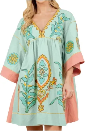 Womens Floral Embroidered Print Long Dress Summer V-Neck and 3/4 Sleeves Loose Fit Vintage Trendy Embroidery Babydoll Dress
