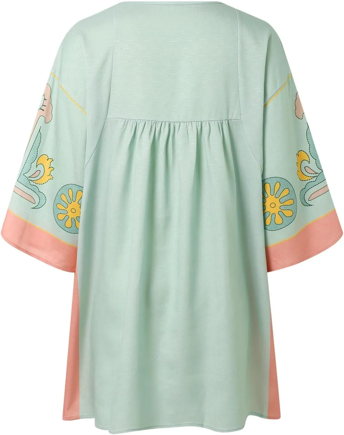 Womens Floral Embroidered Print Long Dress Summer V-Neck and 3/4 Sleeves Loose Fit Vintage Trendy Embroidery Babydoll Dress