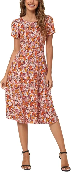 Women's Floral Printed Dress High Waist Midi Dress Short Sleeve