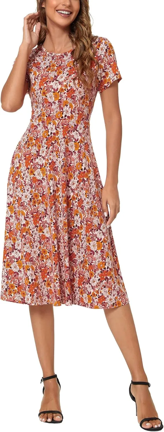 Women's Floral Printed Dress High Waist Midi Dress Short Sleeve