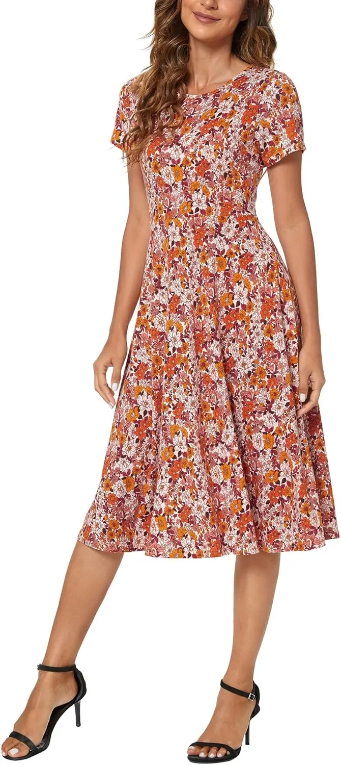 Women's Floral Printed Dress High Waist Midi Dress Short Sleeve