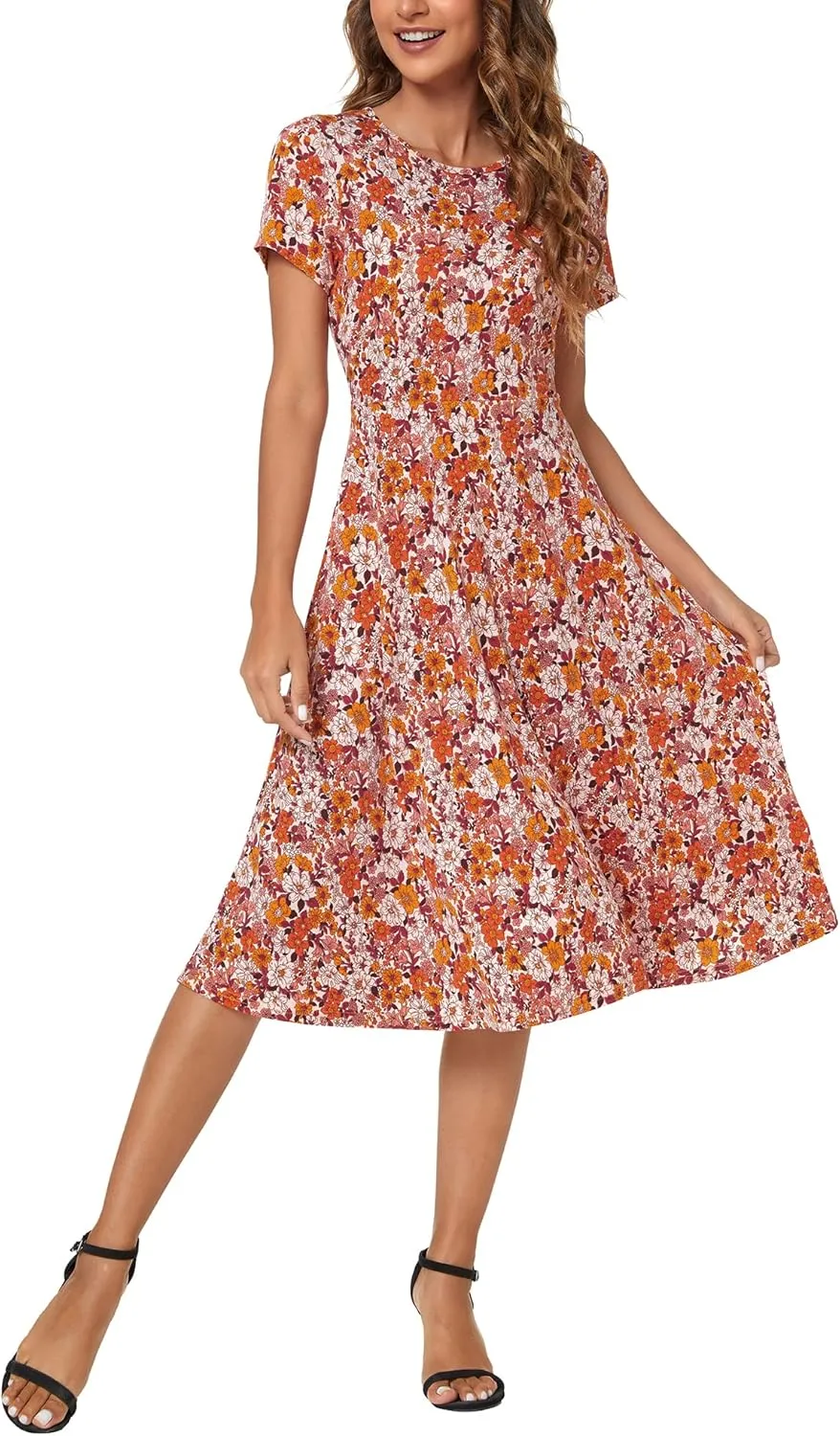 Women's Floral Printed Dress High Waist Midi Dress Short Sleeve
