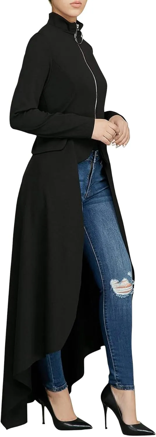 Womens Long Dovetail Gothic Trench Coat Polka Dot Zipper Up Tailcoat Jacket