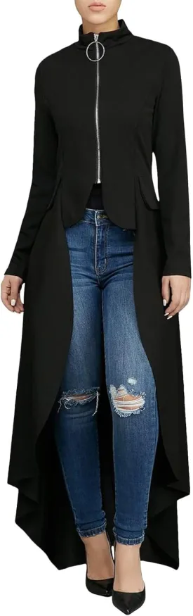 Womens Long Dovetail Gothic Trench Coat Polka Dot Zipper Up Tailcoat Jacket