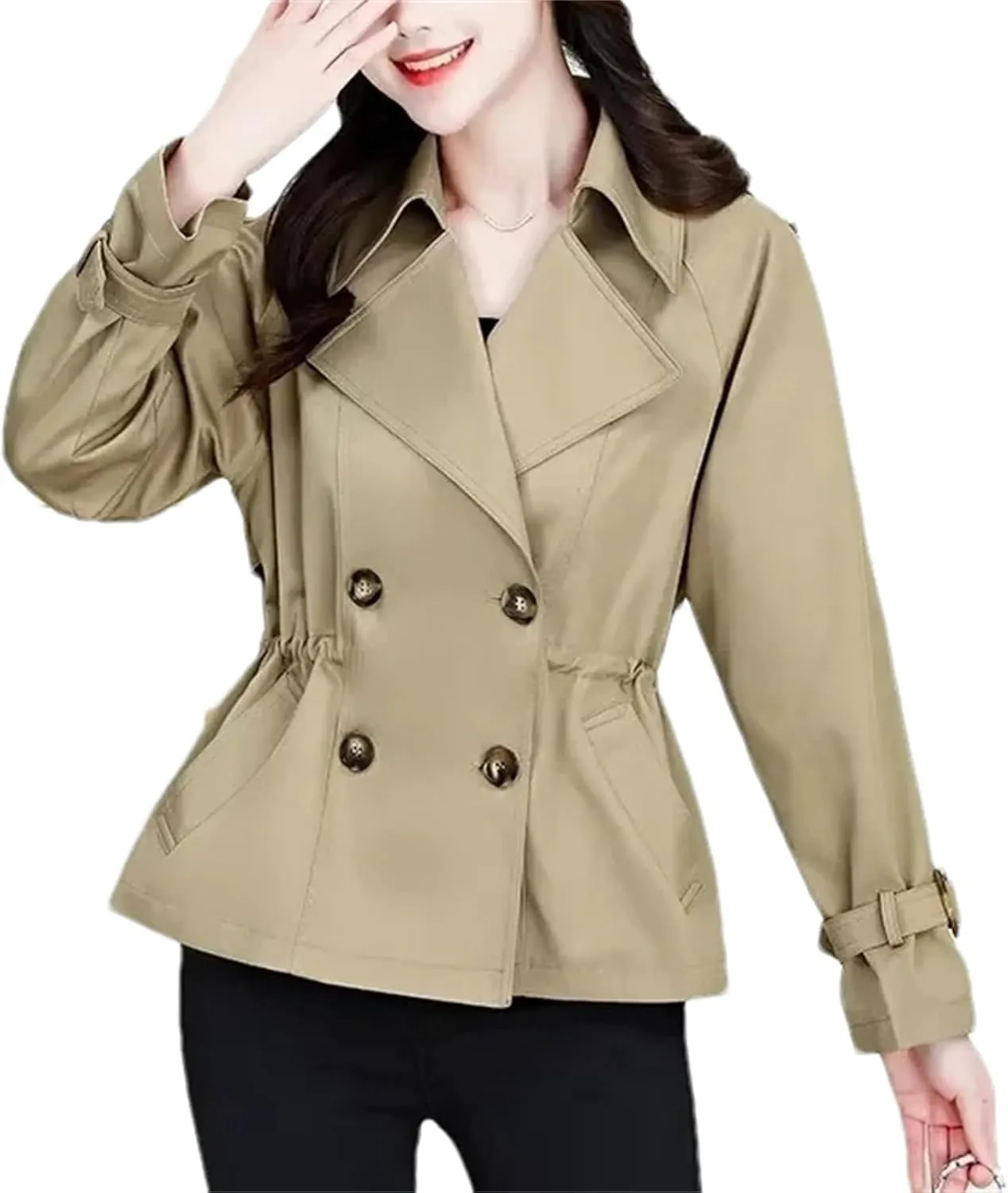 Women's Spring Short Double-Breasted Trench Coat  Casual Cropped Jacket With Pockets Stylish Outerwear