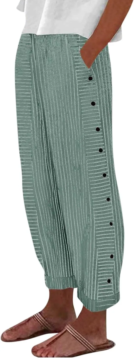 Women's Striped Printed Side Button Loose Elastic Waist Comfortable Pockets Dressy Casual Fashion