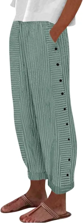 Women's Striped Printed Side Button Loose Elastic Waist Comfortable Pockets Dressy Casual Fashion