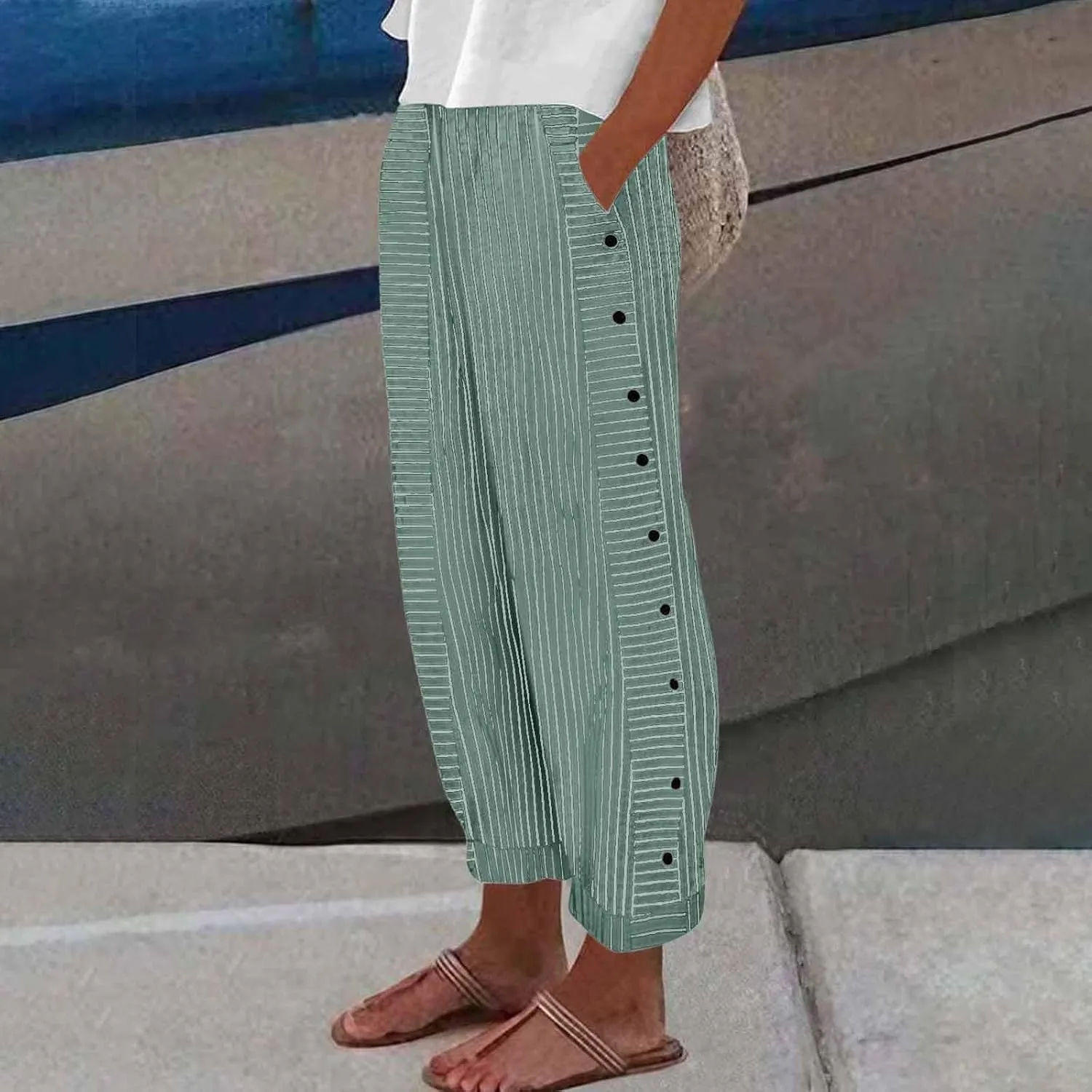 Women's Striped Printed Side Button Loose Elastic Waist Comfortable Pockets Dressy Casual Fashion