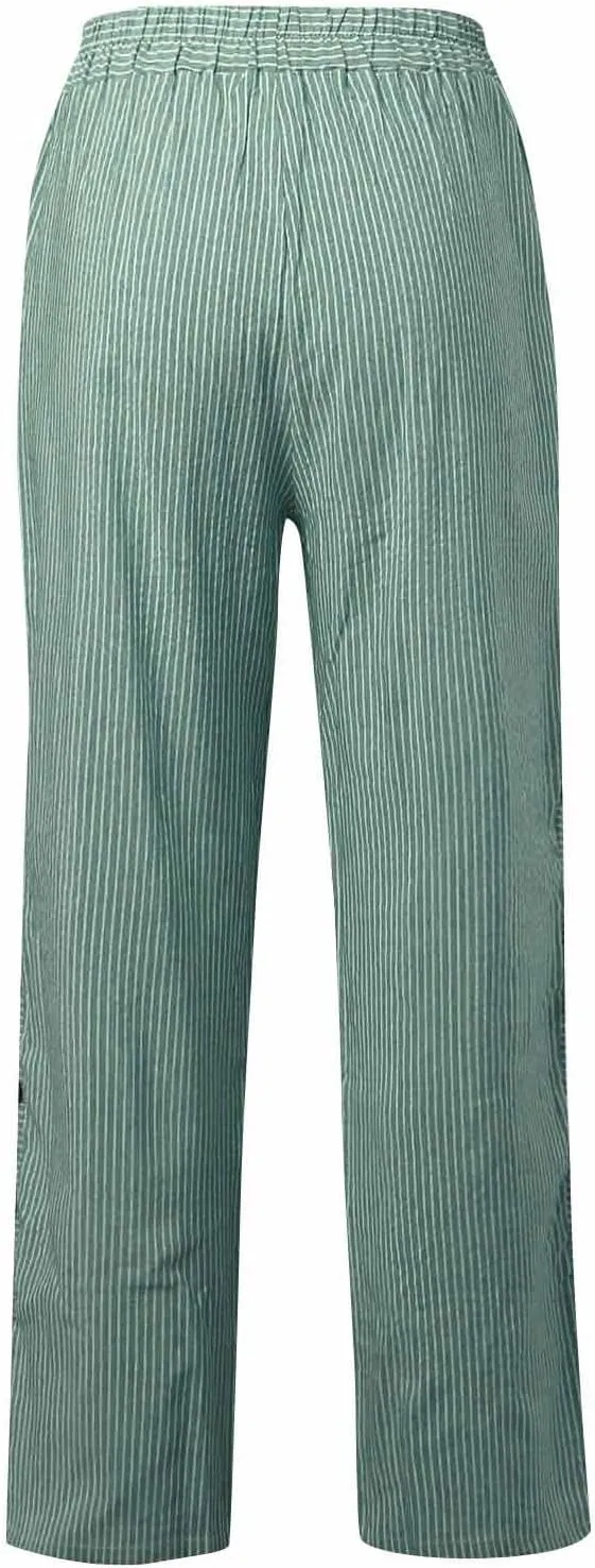 Women's Striped Printed Side Button Loose Elastic Waist Comfortable Pockets Dressy Casual Fashion