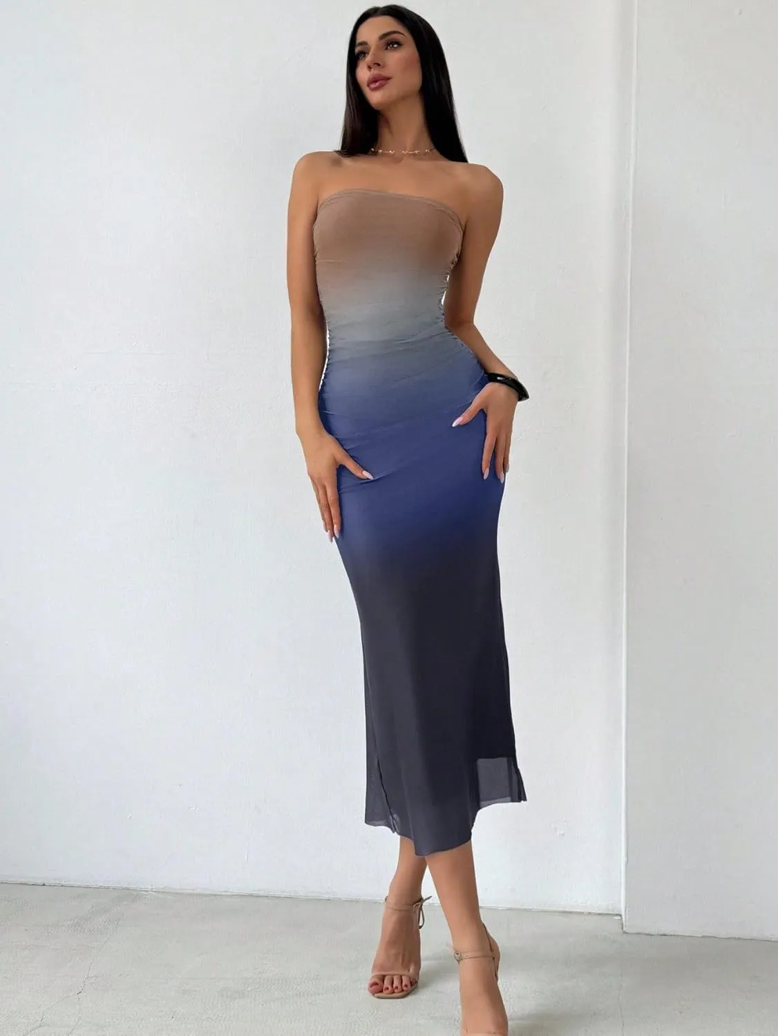 Women's Summer Dress Gradient Strapless Tube Dress Bodycon Long Dress Side Slit Mesh Layered