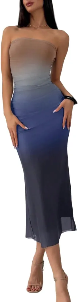 Women's Summer Dress Gradient Strapless Tube Dress Bodycon Long Dress Side Slit Mesh Layered