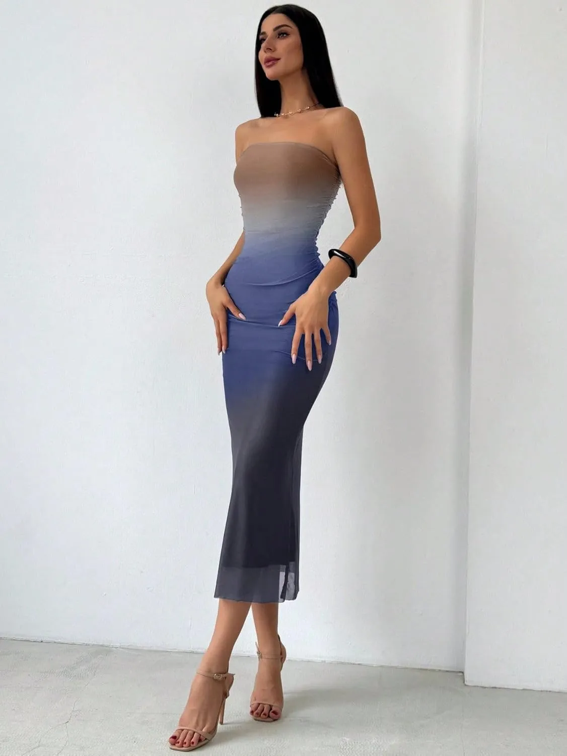 Women's Summer Dress Gradient Strapless Tube Dress Bodycon Long Dress Side Slit Mesh Layered