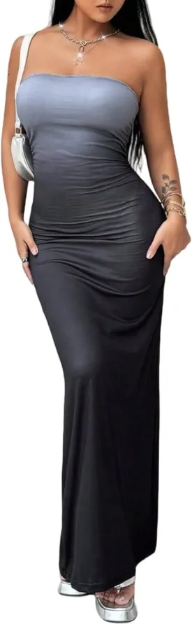 Women's Summer Dress Gradient Strapless Tube Dress Bodycon Long Dress Side Slit Mesh Layered