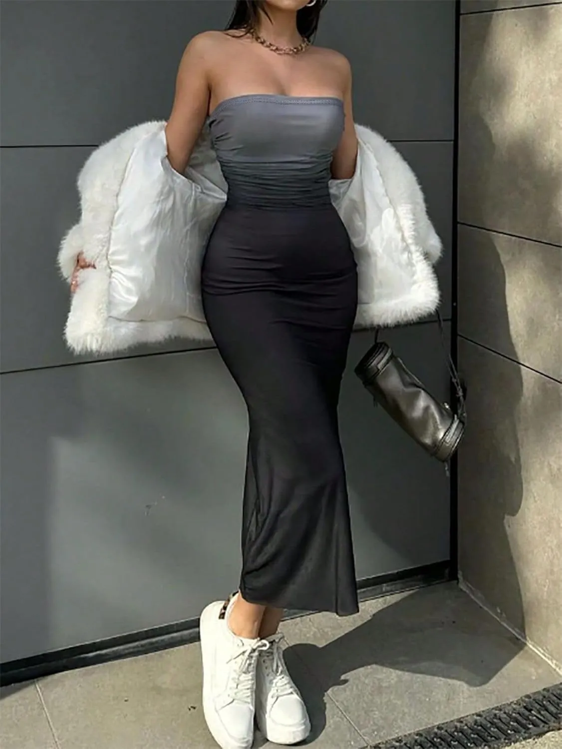 Women's Summer Dress Gradient Strapless Tube Dress Bodycon Long Dress Side Slit Mesh Layered