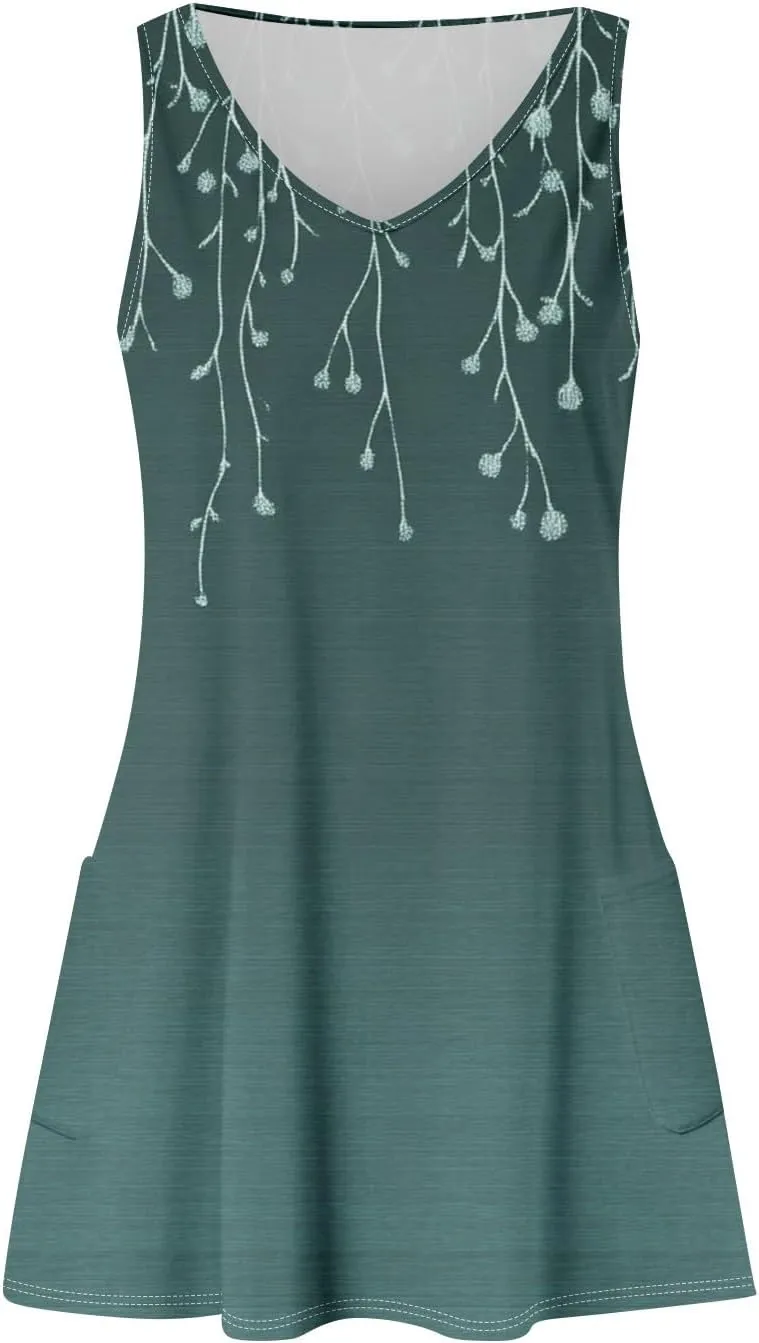 Womens Summer Dresses Casual Vacation Swimsuit Coverup Sleeveless Printed Sundress Beach V Neck Dress with Pocket
