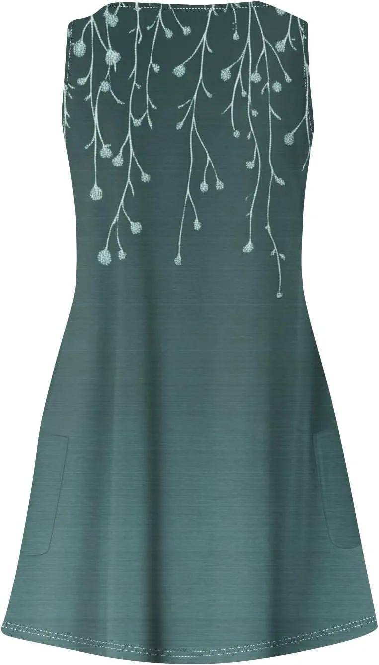 Womens Summer Dresses Casual Vacation Swimsuit Coverup Sleeveless Printed Sundress Beach V Neck Dress with Pocket