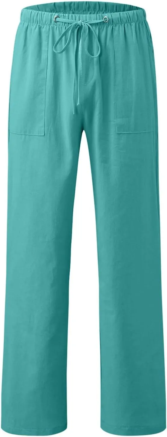 Women's Wide Leg Trousers Fashion Casual Cotton Hemp Drawstring Solid Color Beach Trousers Pants Dress